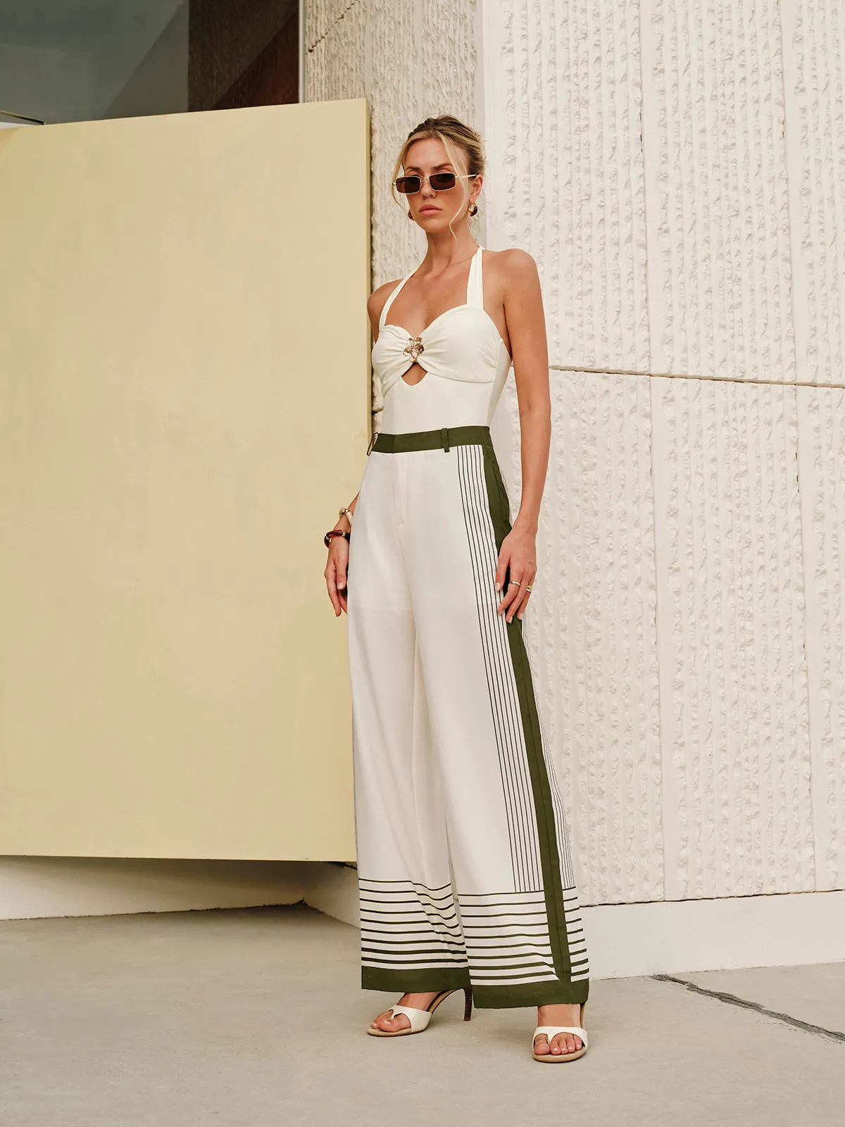 Striped Print Zipper Mid-Waist Pants sold by COMMENSE