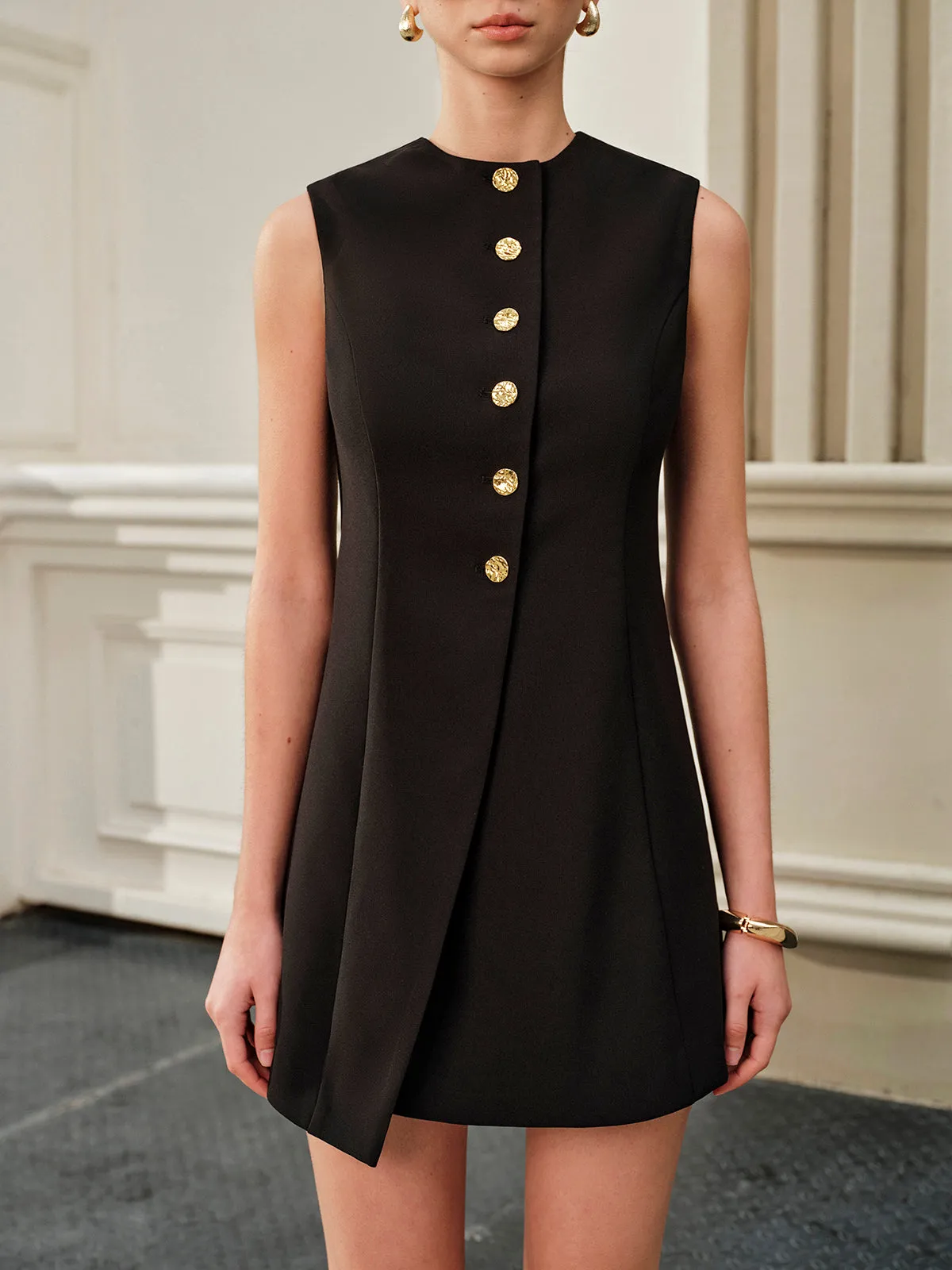 Asymmetrical Tie-Back Metal Button Dress sold by COMMENSE product image thumbnail 4