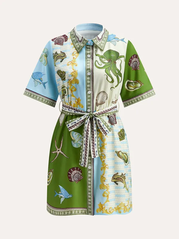 Button-Down Collar Aquatic-Print Shirt With Belt sold by COMMENSE