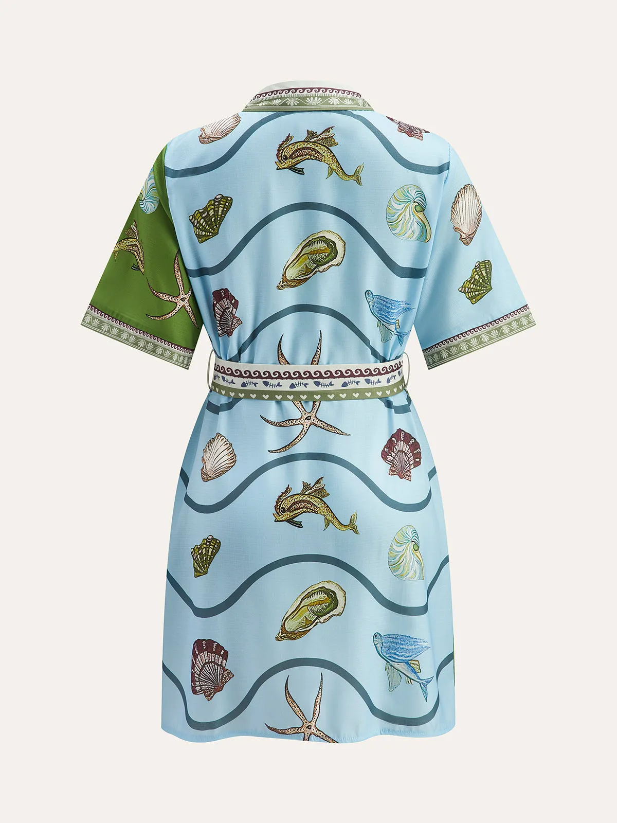 Button-Down Collar Aquatic-Print Shirt With Belt sold by COMMENSE product image thumbnail 2