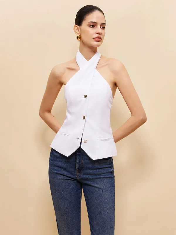 Linen & Cotton Cross Halter Top sold by COMMENSE
