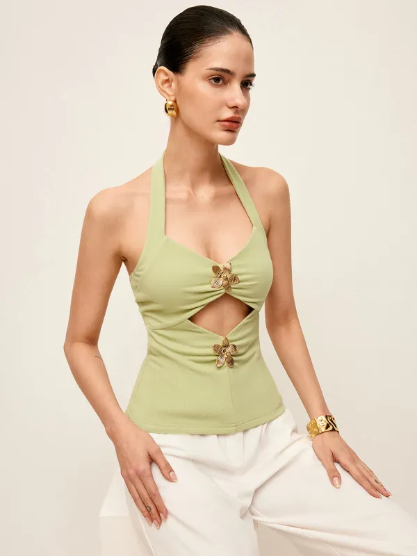 Cut-Out Metal-Detail Halter Top sold by COMMENSE