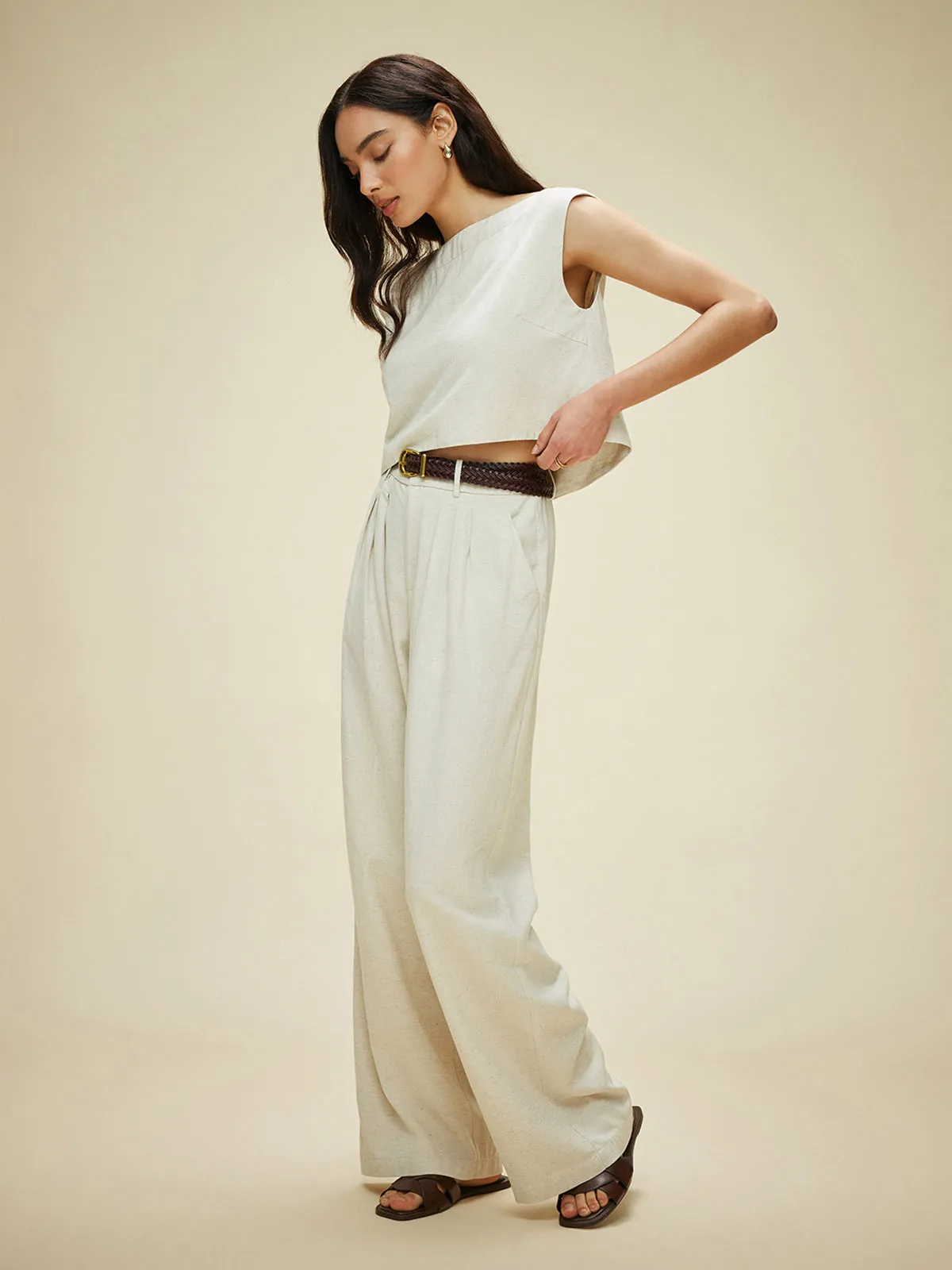 Cotton & Linen Sleeveless Pockets Pants Set Without Belt sold by COMMENSE