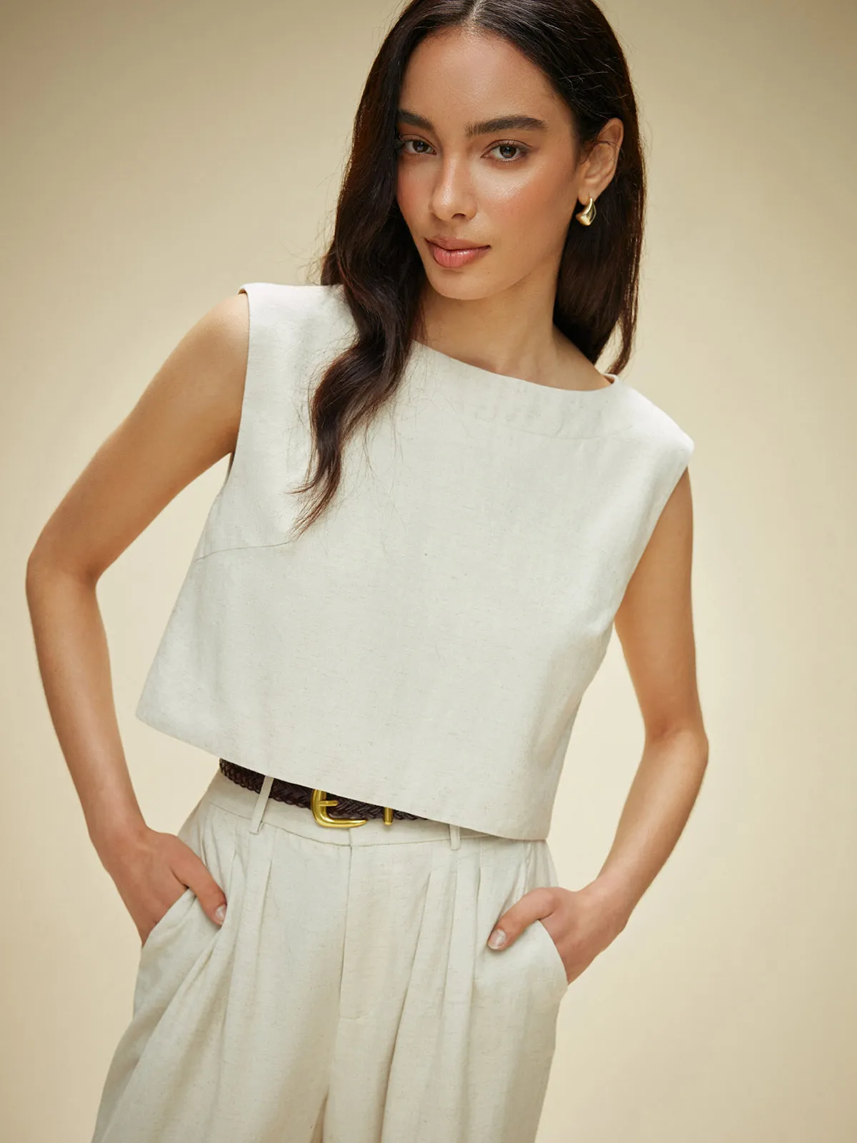 Cotton & Linen Sleeveless Pockets Pants Set Without Belt sold by COMMENSE product image thumbnail 2
