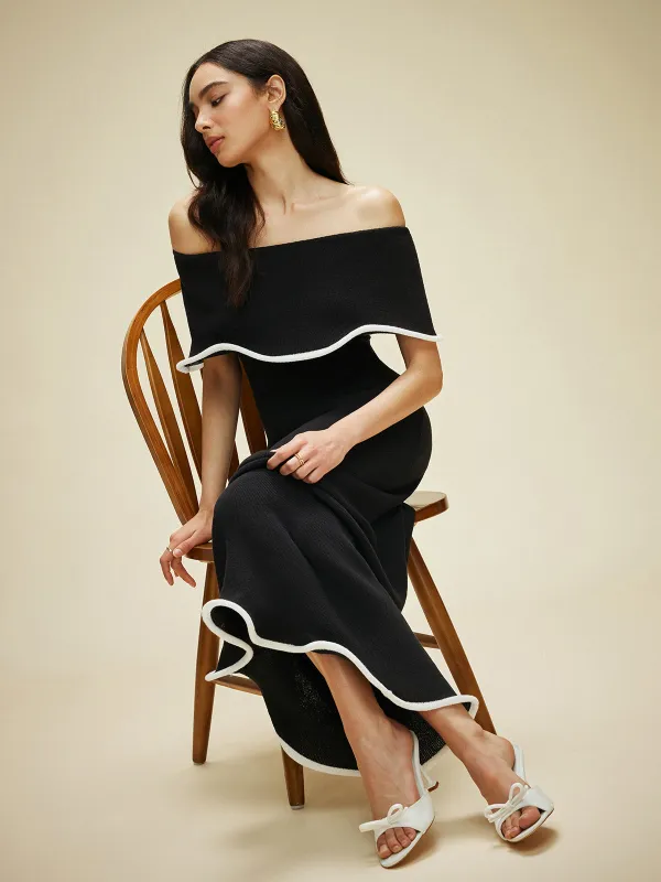 Color Block Off-Shoulder Ruffled Knit Dress sold by COMMENSE