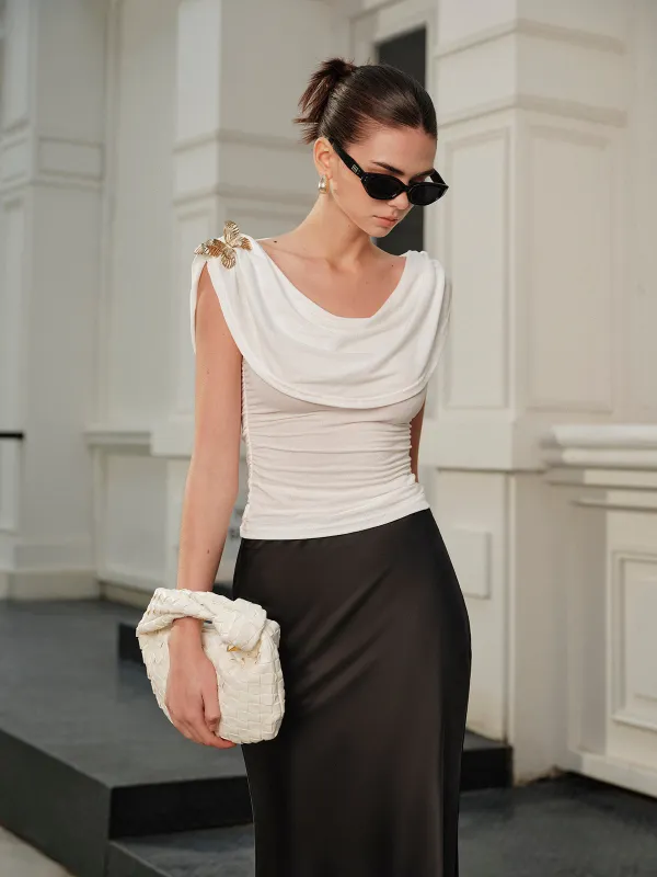 Semi-Sheer Metal Butterfly Cowl-Neck Top sold by COMMENSE