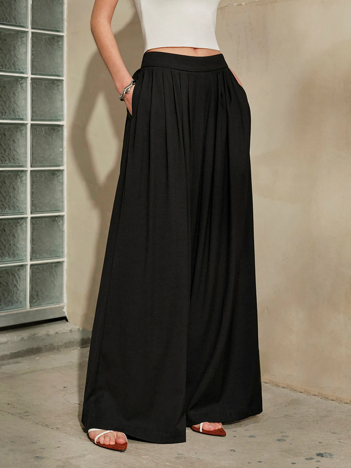 Mid-Waist Pleated Wide Leg Pants sold by COMMENSE