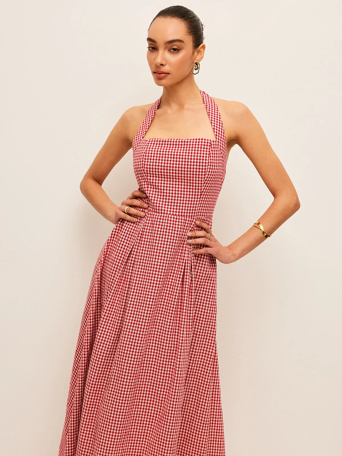Cotton & Linen Plaid Halter Dress sold by COMMENSE product image thumbnail 4