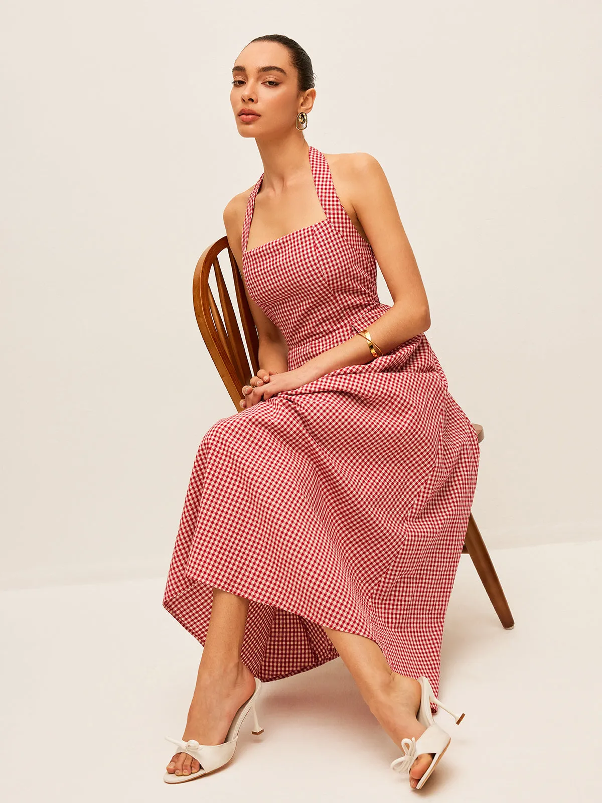 Cotton & Linen Plaid Halter Dress sold by COMMENSE product image thumbnail 5