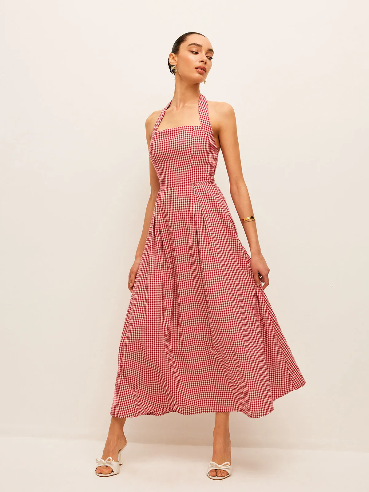 Cotton & Linen Plaid Halter Dress sold by COMMENSE product image thumbnail 3