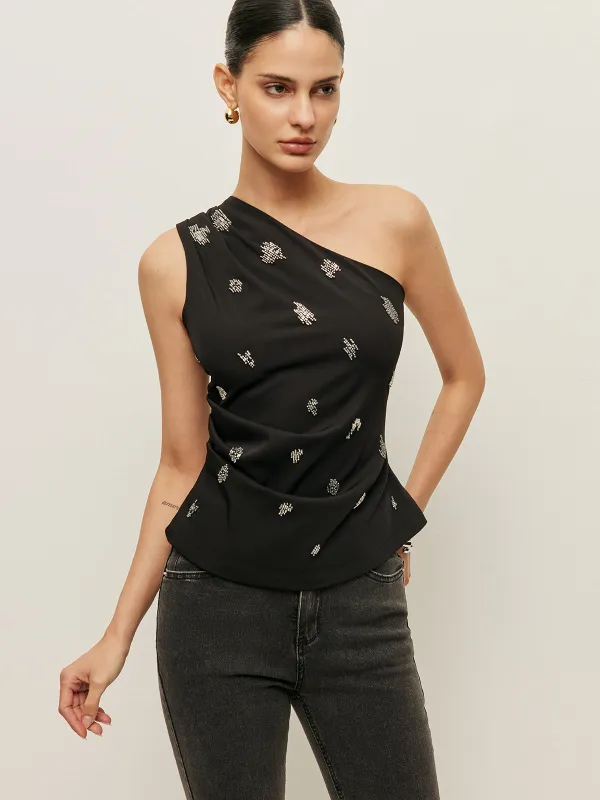 One-Shoulder Embellished Top sold by COMMENSE