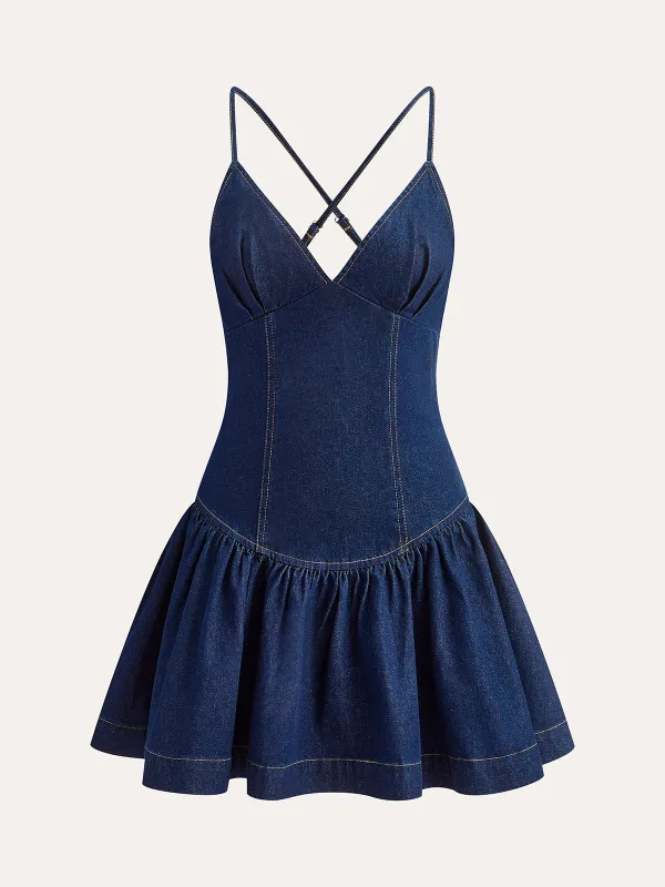 Cross-Back Denim Flared Dress sold by COMMENSE