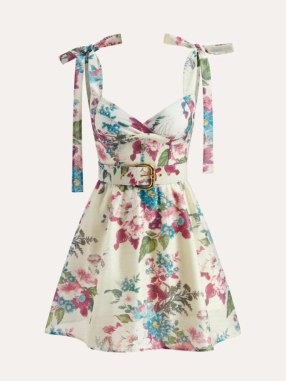 Floral Print Tie-Strap Belted Dress sold by COMMENSE