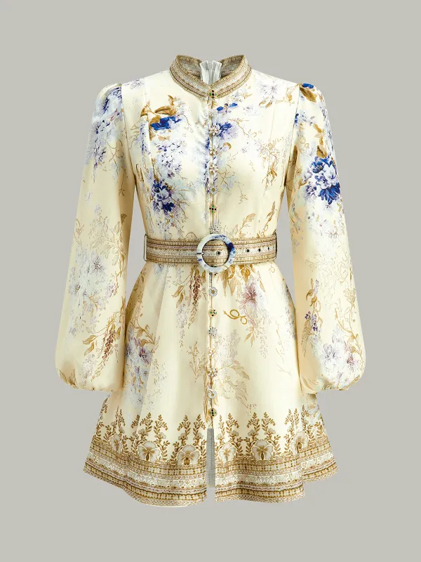 Floral Print Puffed Sleeve Dress With Belt sold by COMMENSE