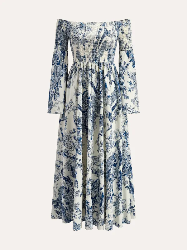 Print Off-Shoulder Smocked Sleeve Dress sold by COMMENSE