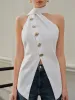Halter Asymmetrical Metal Button Top sold by COMMENSE