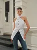 Halter Asymmetrical Metal Button Top sold by COMMENSE