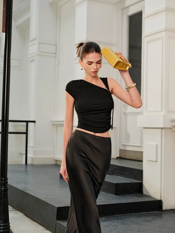 Asymmetrical Neck Crop Top sold by COMMENSE