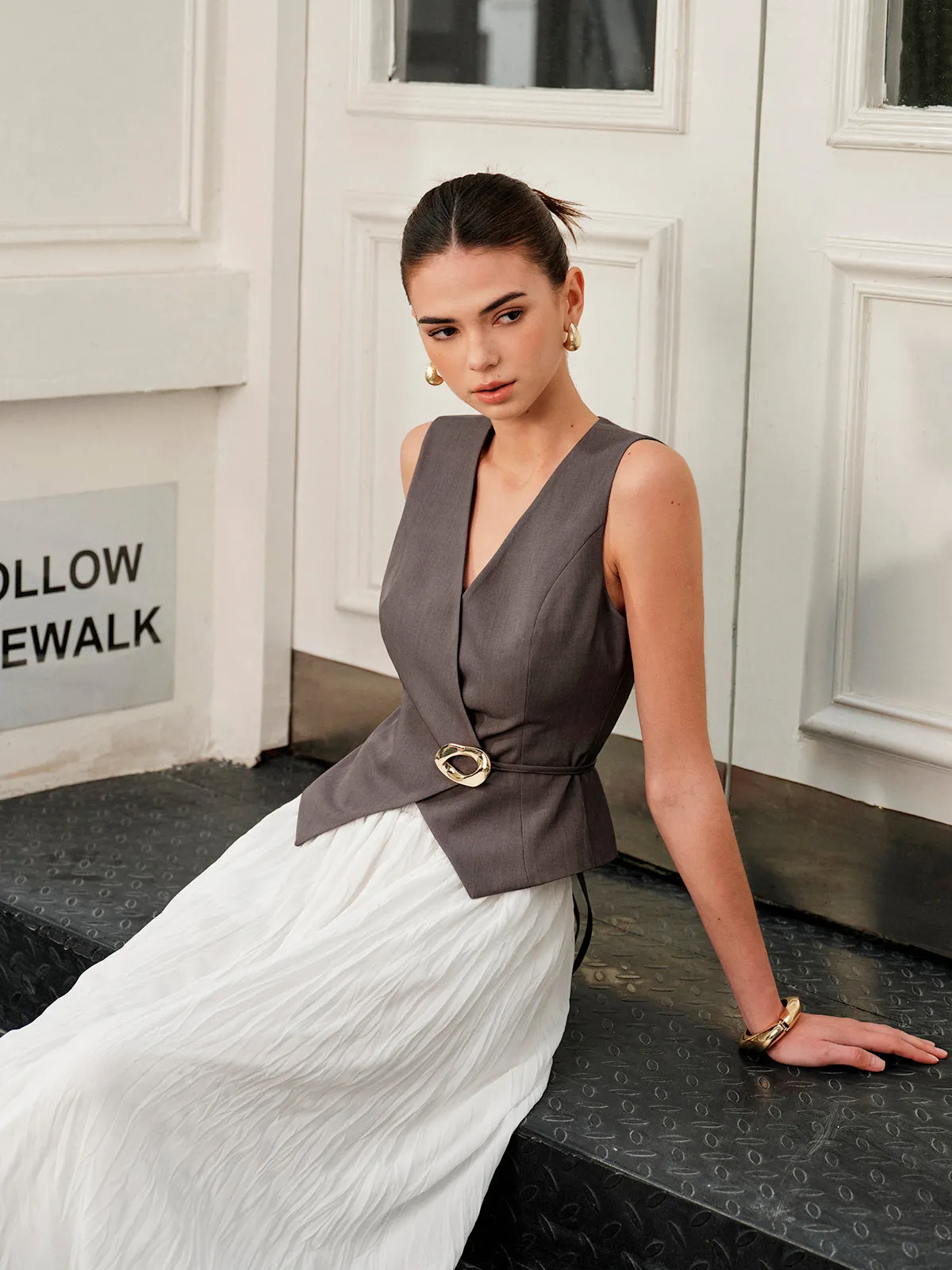 V-Neck Metal Tie-Back Vest With Belt sold by COMMENSE