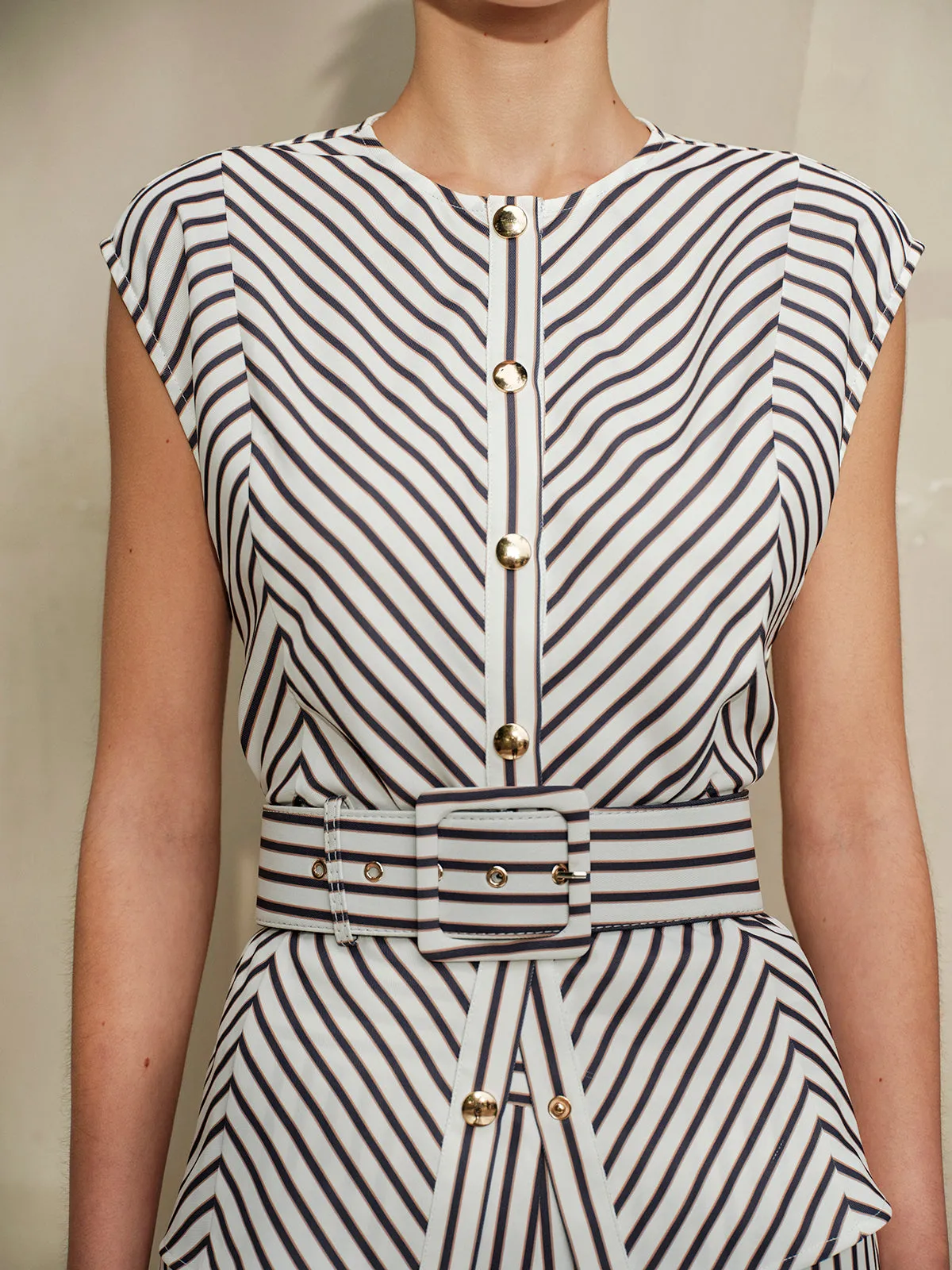 Striped Metal Round-Neck Shirt With Belt sold by COMMENSE product image thumbnail 4