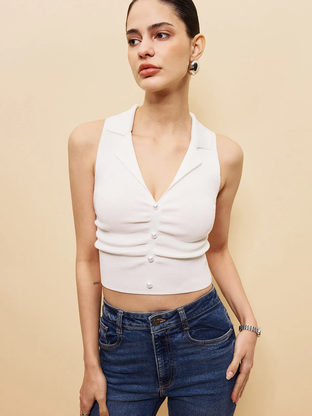 Sleeveless Button-Front Crop Sweater Vest sold by COMMENSE product image thumbnail 4