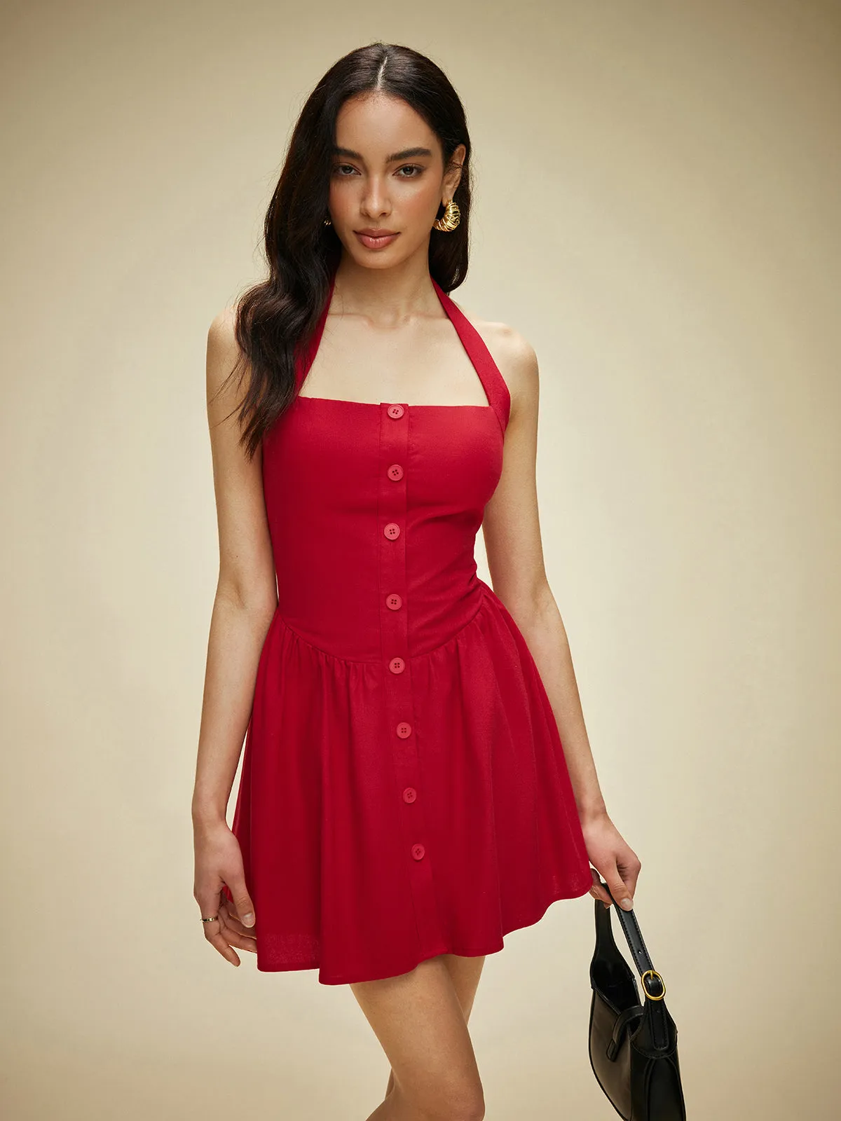 Cotton & Linen Halter Neck Button-Front Dress sold by COMMENSE