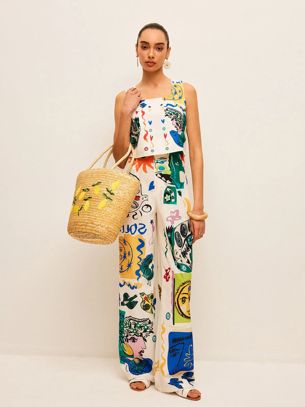 Graphic Print Crop Top With Wide-Leg Pants Set sold by COMMENSE