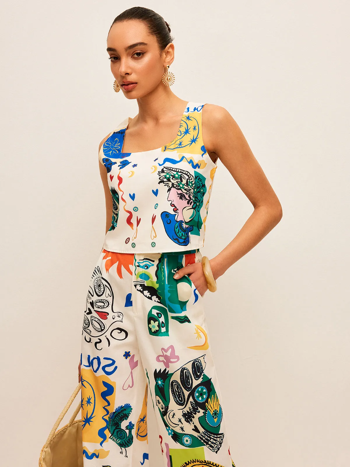 Graphic Print Crop Top With Wide-Leg Pants Set sold by COMMENSE product image thumbnail 2