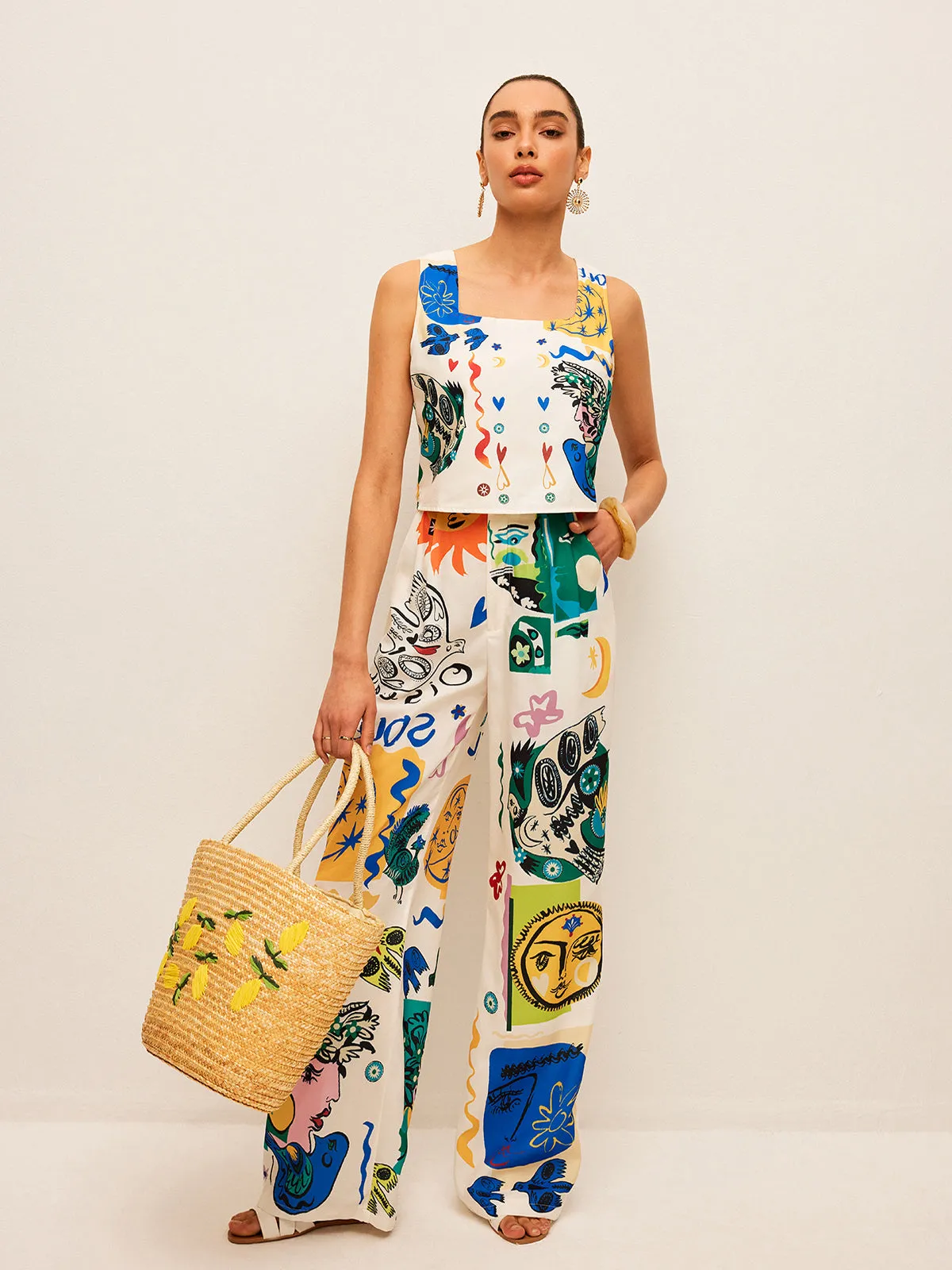 Graphic Print Crop Top With Wide-Leg Pants Set sold by COMMENSE product image thumbnail 3