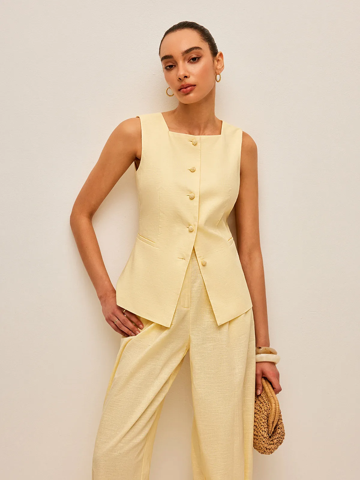 Cotton & Linen Tie-Back Vest With Pockets Pants Set sold by COMMENSE product image thumbnail 2