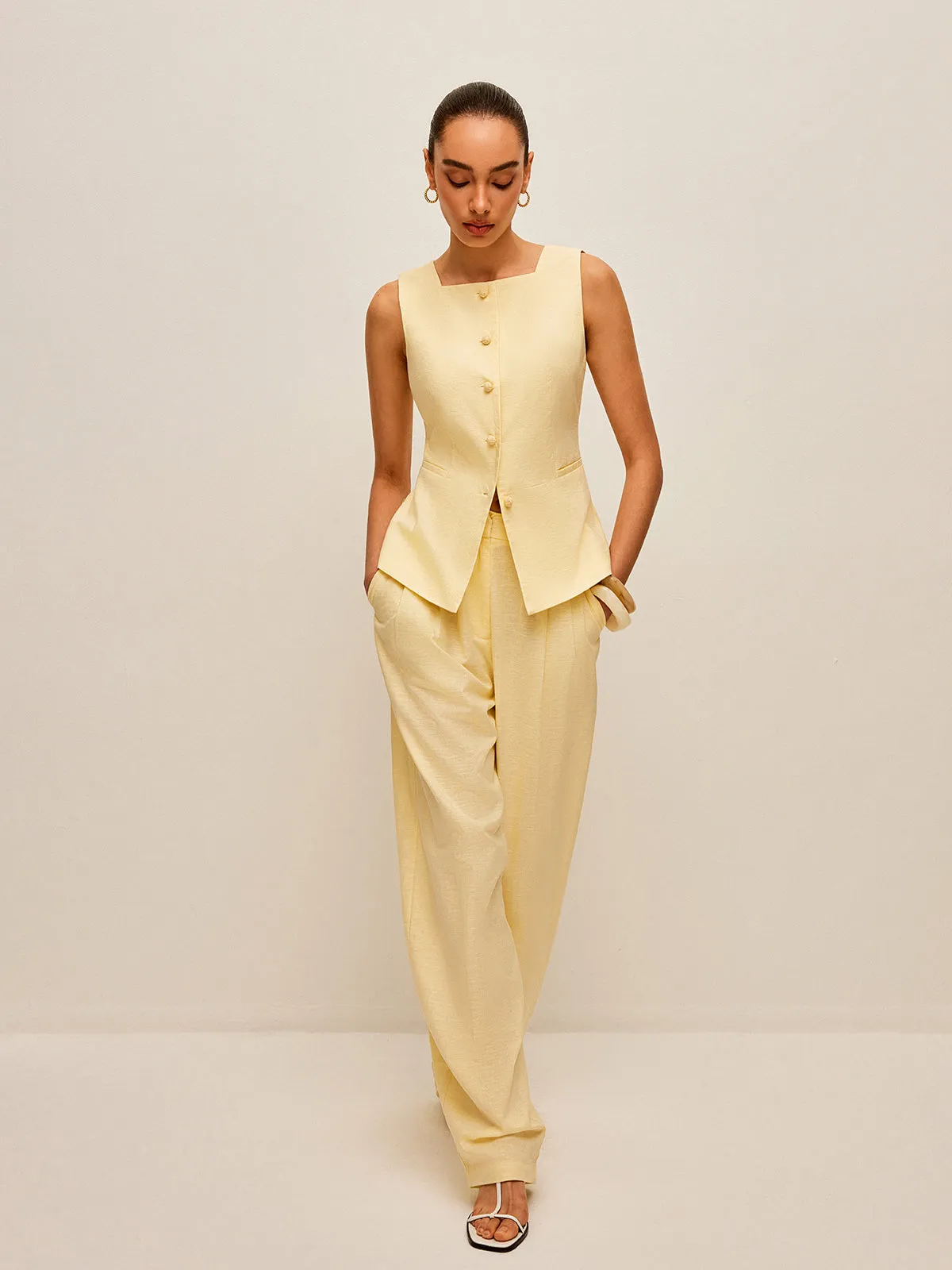 Cotton & Linen Tie-Back Vest With Pockets Pants Set sold by COMMENSE product image thumbnail 4