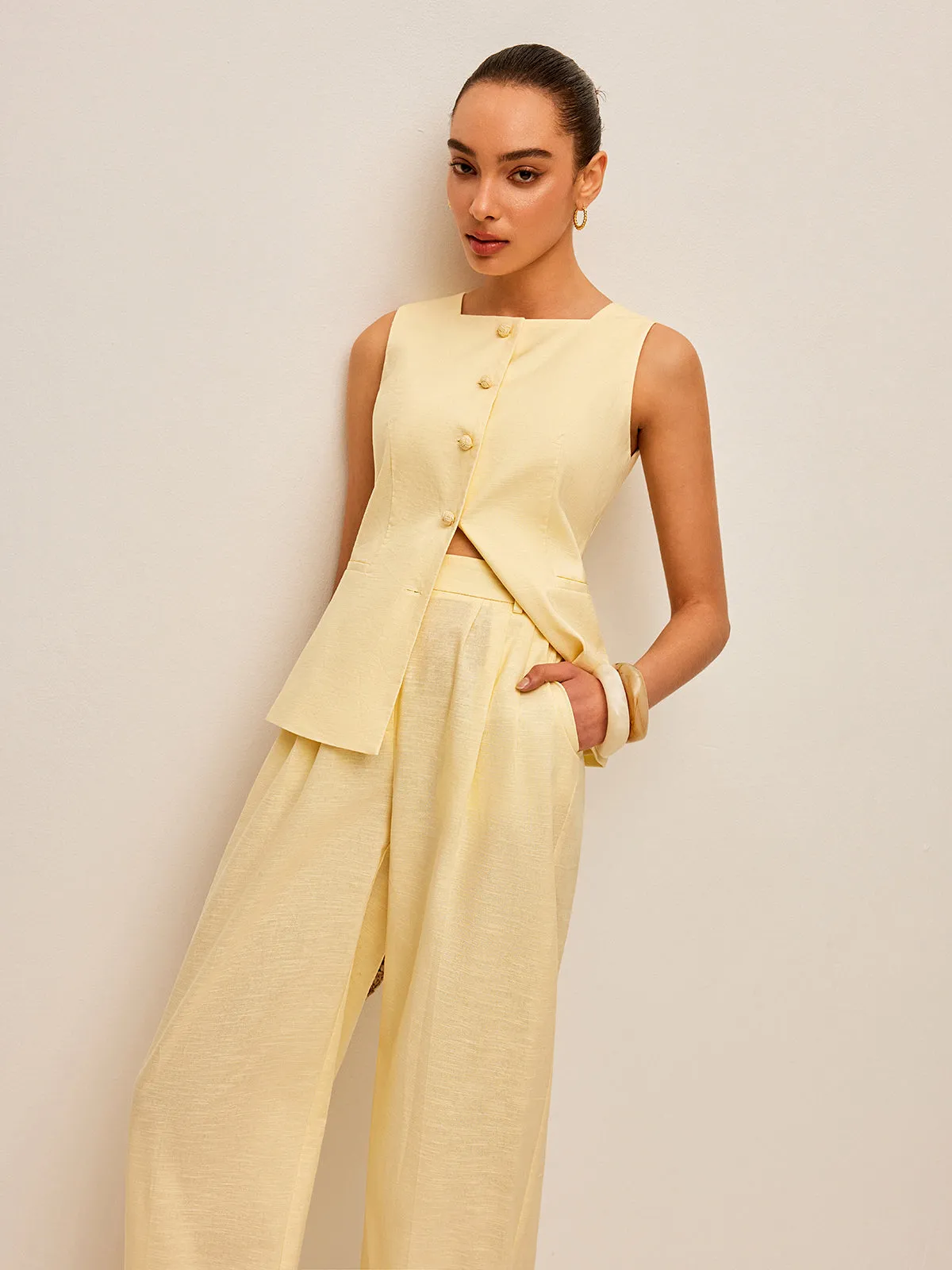 Cotton & Linen Tie-Back Vest With Pockets Pants Set sold by COMMENSE