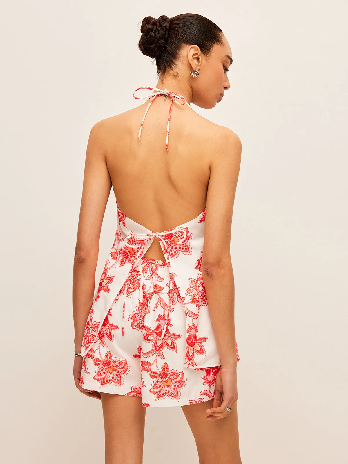 Floral Halter Neck Tie-Front Shorts Set sold by COMMENSE