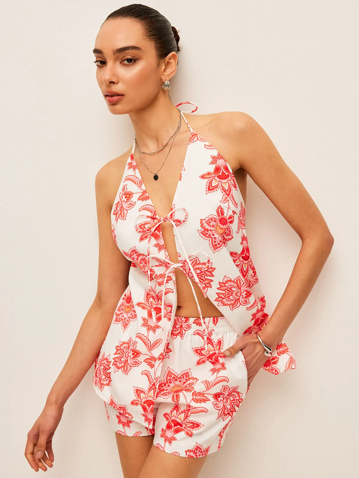 Floral Halter Neck Tie-Front Shorts Set sold by COMMENSE product image thumbnail 5