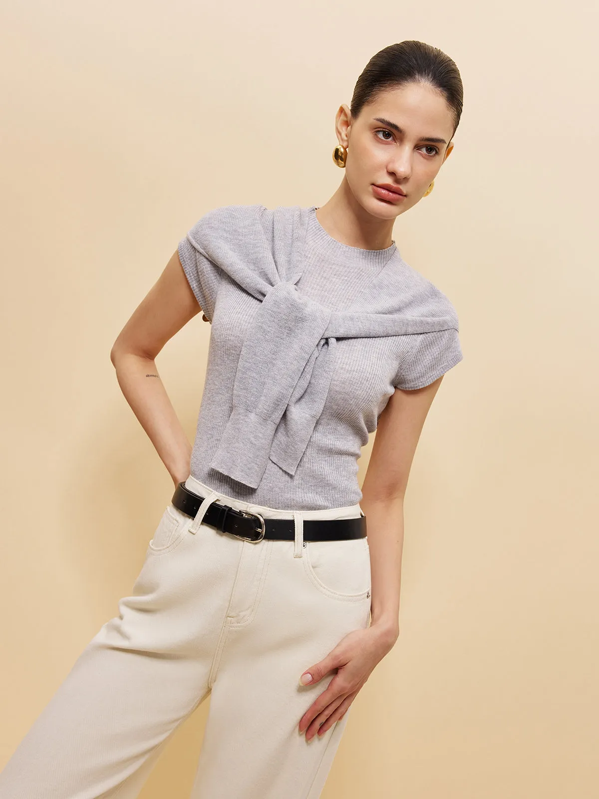 Wool-Blend Ribbed Knit Top With Tied Shawl Detail sold by COMMENSE product image thumbnail 5