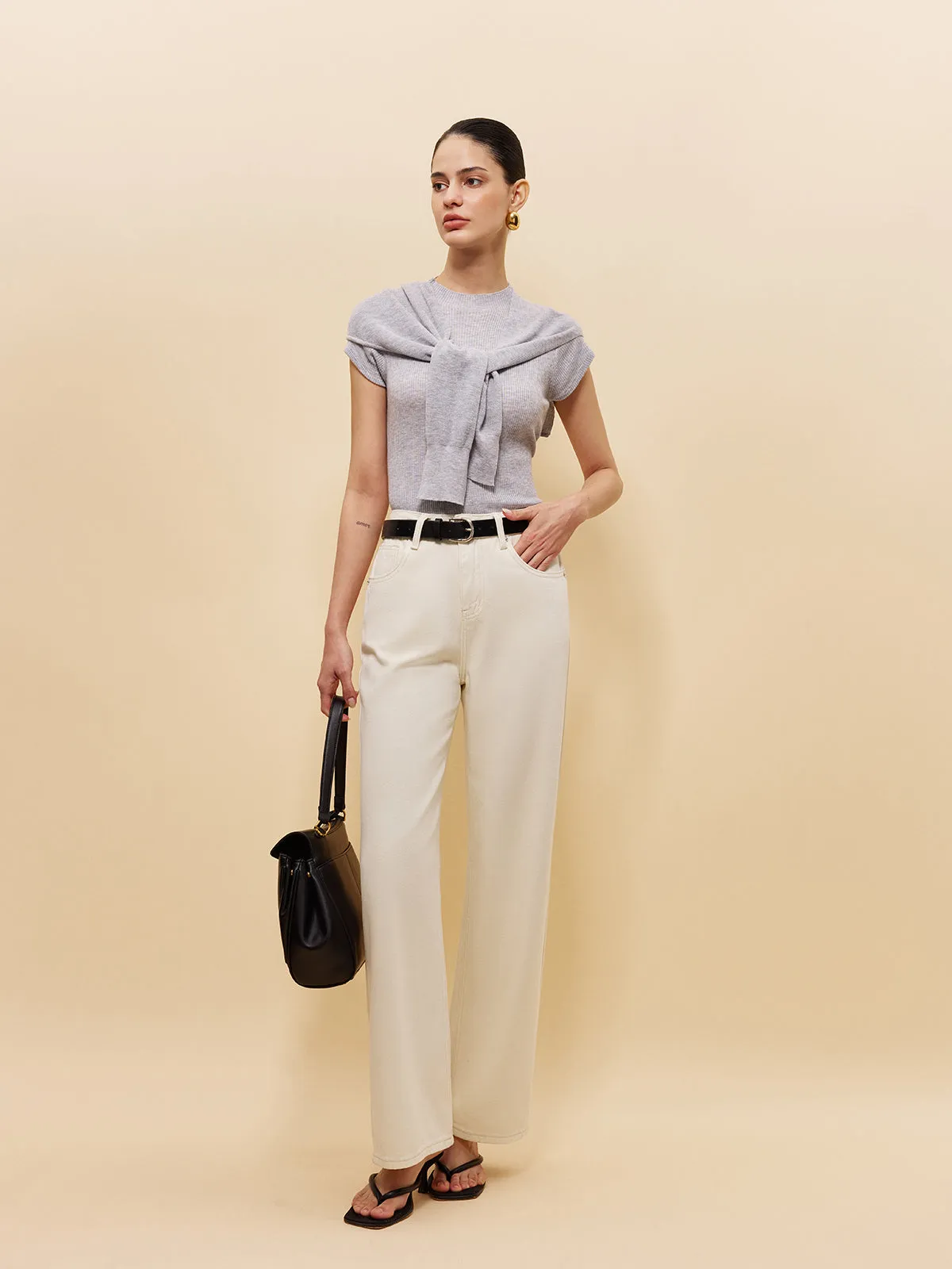 Wool-Blend Ribbed Knit Top With Tied Shawl Detail sold by COMMENSE product image thumbnail 3