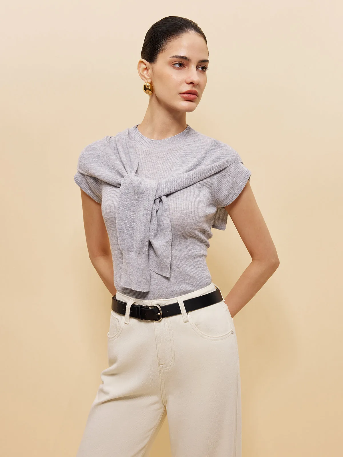 Wool-Blend Ribbed Knit Top With Tied Shawl Detail sold by COMMENSE