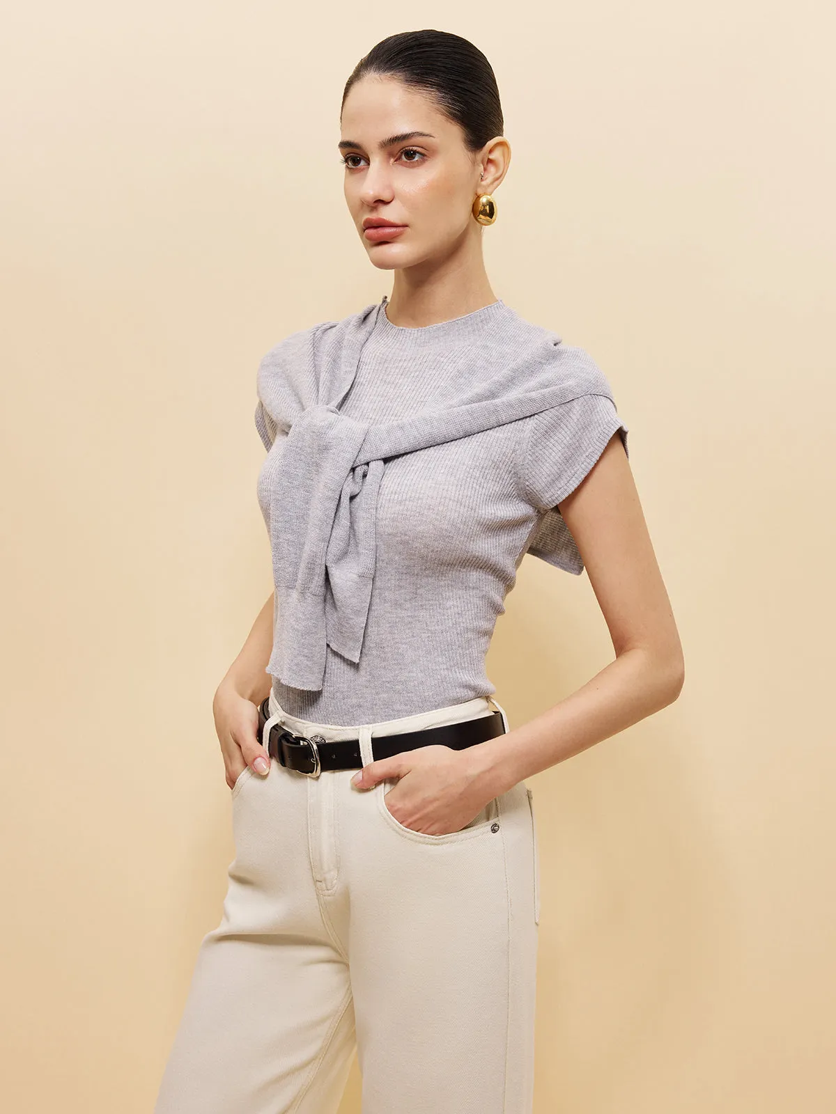Wool-Blend Ribbed Knit Top With Tied Shawl Detail sold by COMMENSE product image thumbnail 4