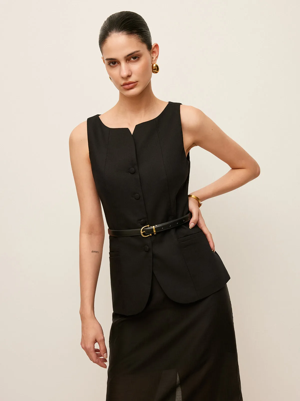 Cotton & Linen Button-Front Vest Without Belt sold by COMMENSE