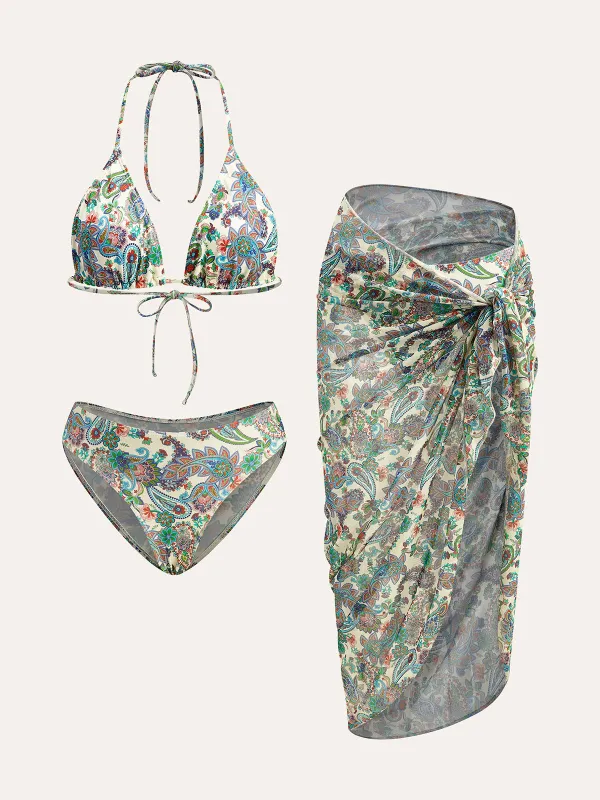 Tie-Back Bikini Set with Paisley Print Cover-Up sold by COMMENSE