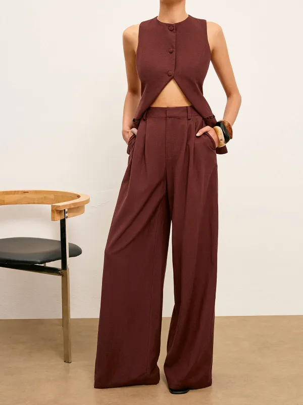 Mid-Waist Wide-Leg Pants With Pockets sold by COMMENSE