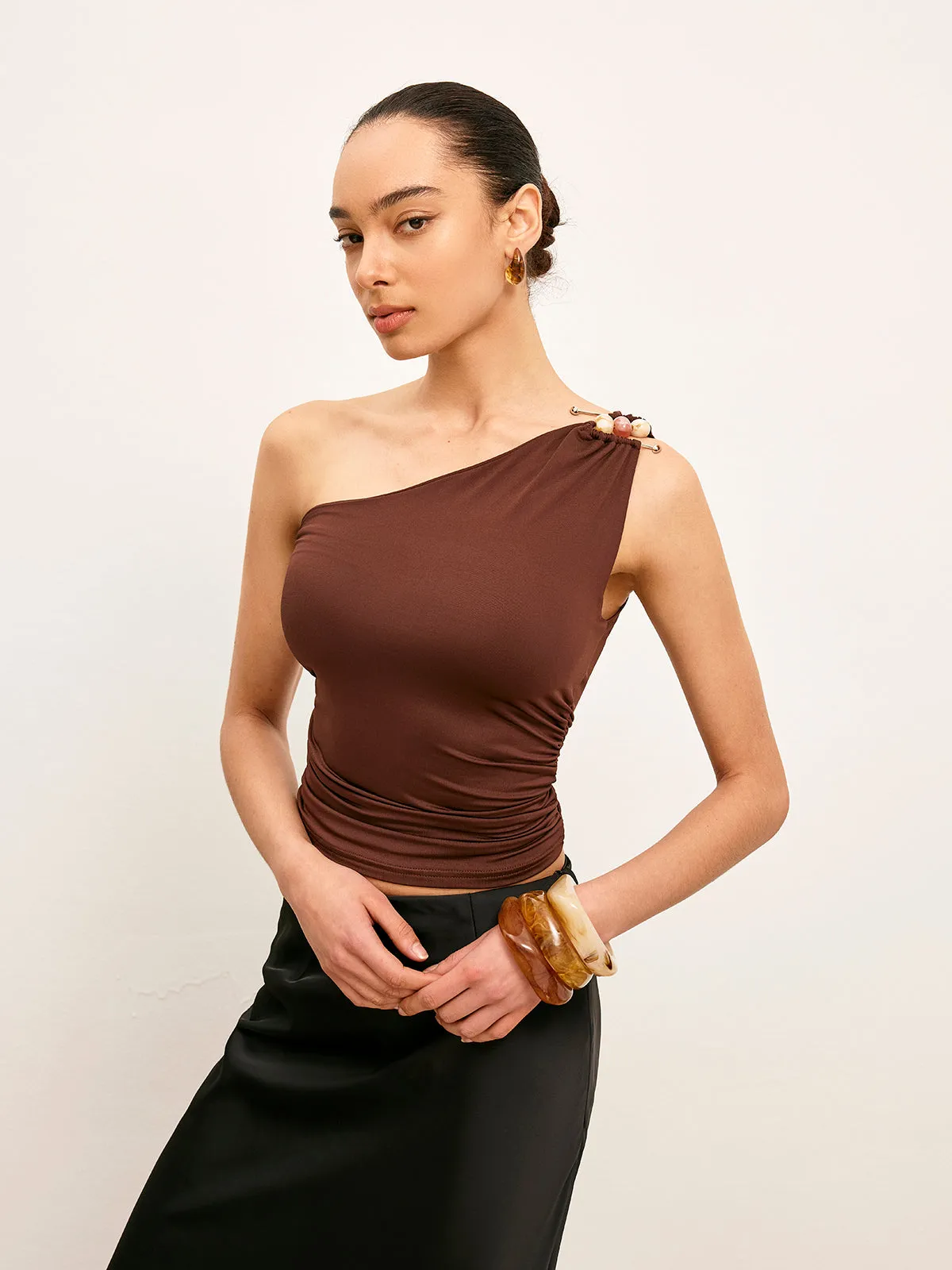 One-Shoulder Metal Detail Ruched Top sold by COMMENSE product image thumbnail 3