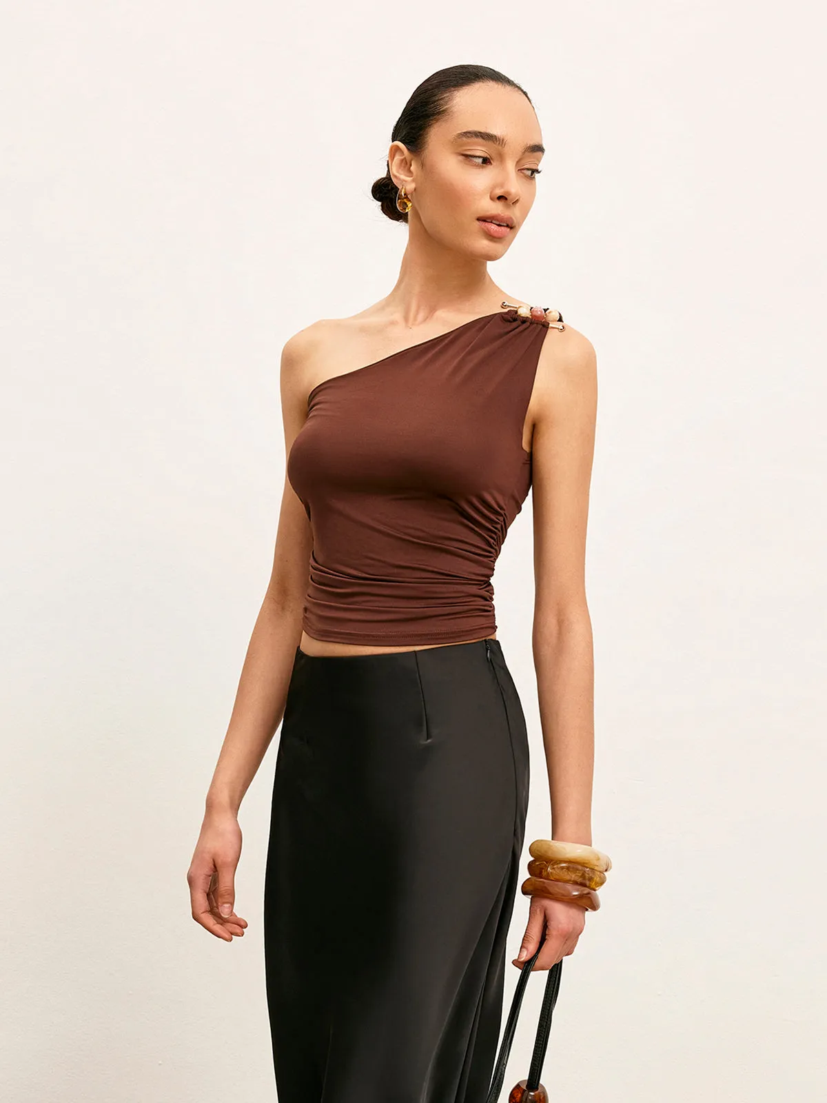 One-Shoulder Metal Detail Ruched Top sold by COMMENSE