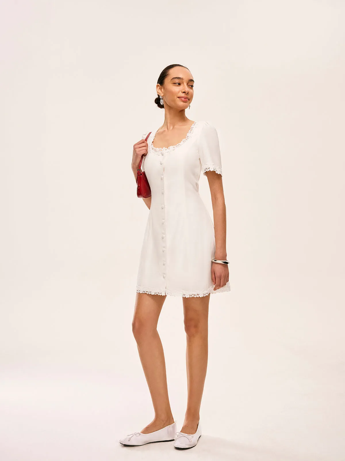 Cotton & Linen Lace-Trimmed Button-Detail Dress sold by COMMENSE product image thumbnail 5
