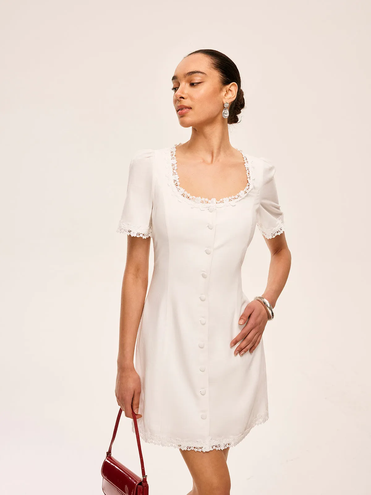 Cotton & Linen Lace-Trimmed Button-Detail Dress sold by COMMENSE