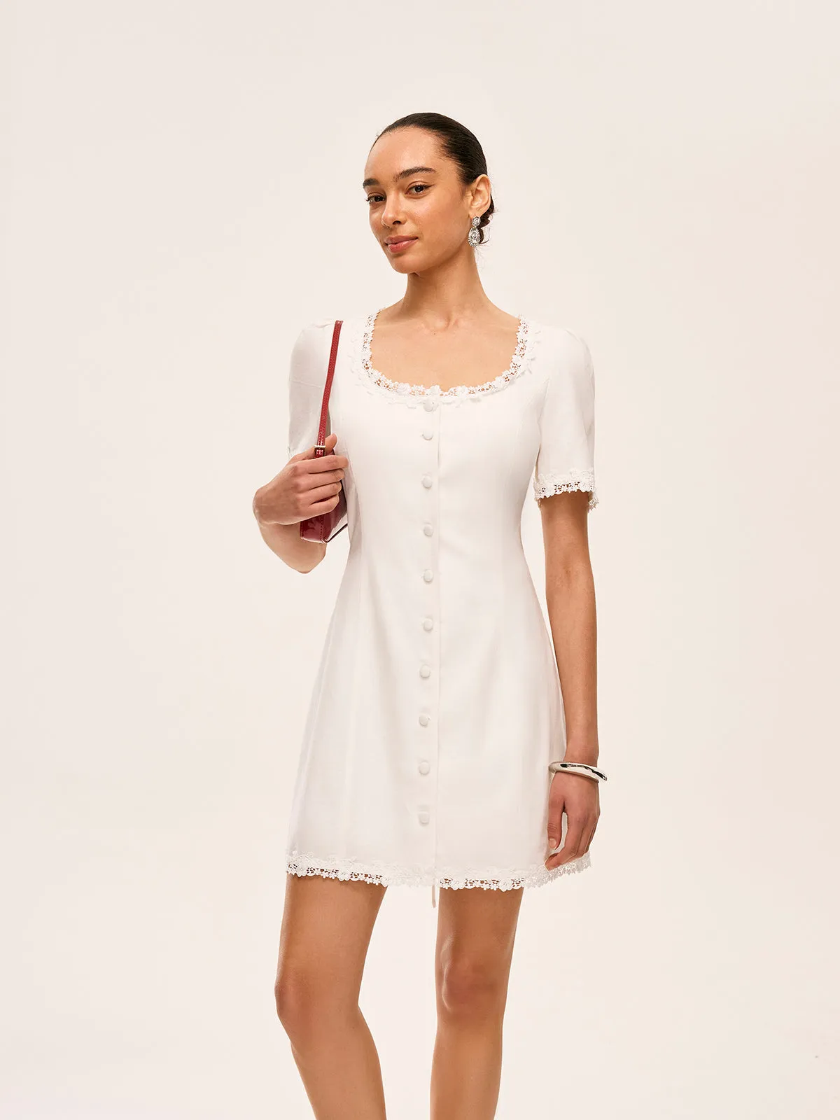 Cotton & Linen Lace-Trimmed Button-Detail Dress sold by COMMENSE product image thumbnail 3