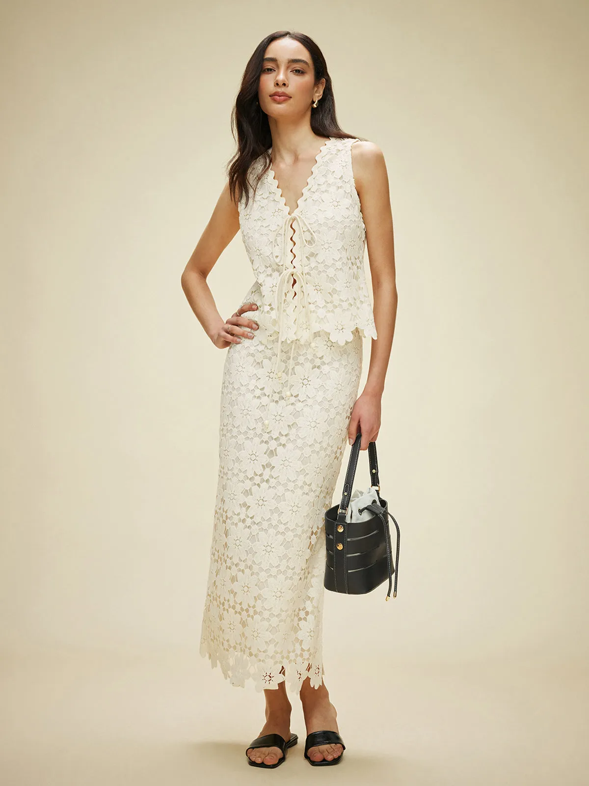 Lace Tied Front Top With Skirt Set sold by COMMENSE