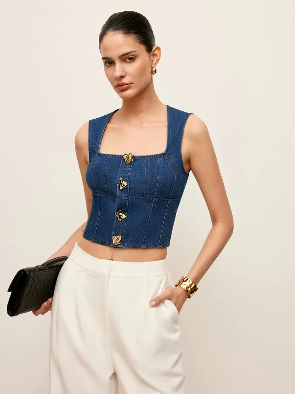 Cotton Square Neck Button Detail Denim Top sold by COMMENSE