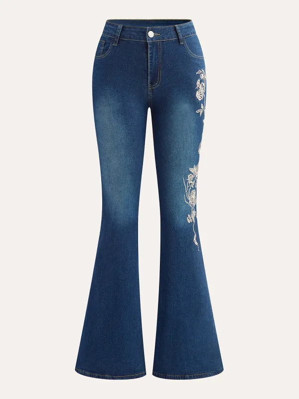 Mid-Waist Embroidered Flared Jeans sold by COMMENSE