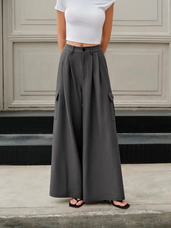 Mid-Waist Pockets Wide-Leg Pants sold by COMMENSE